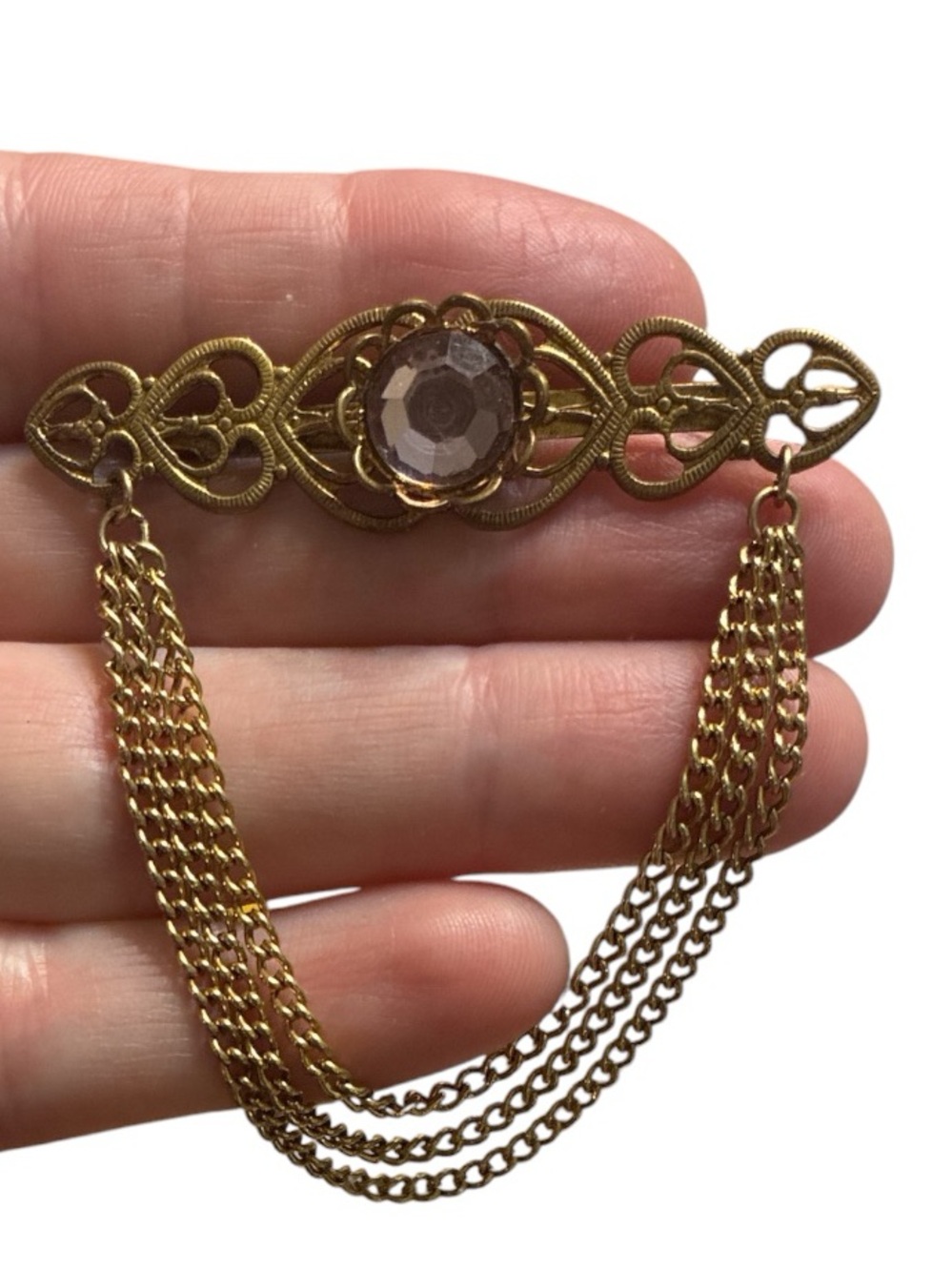 Gold Filigree Chain Drop Brooch with Pink Crystal